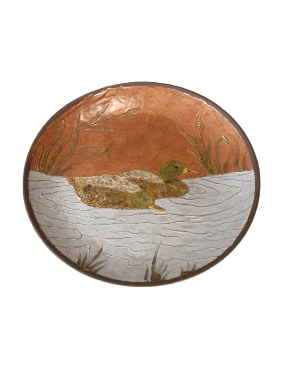 Heavy Brass Enameled Plate Ducks Rustic Cabin Pond Cattail Grasses 9"